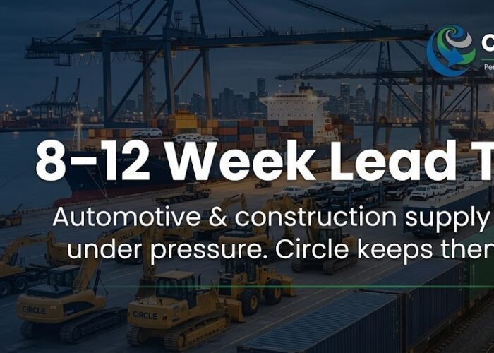 Circle Logistics branded construction equipment at a shipping port with cargo containers and cranes, overlaid with text reading "8–12 Week Lead Times — Automotive & construction supply chains are under pressure. Circle keeps them moving.